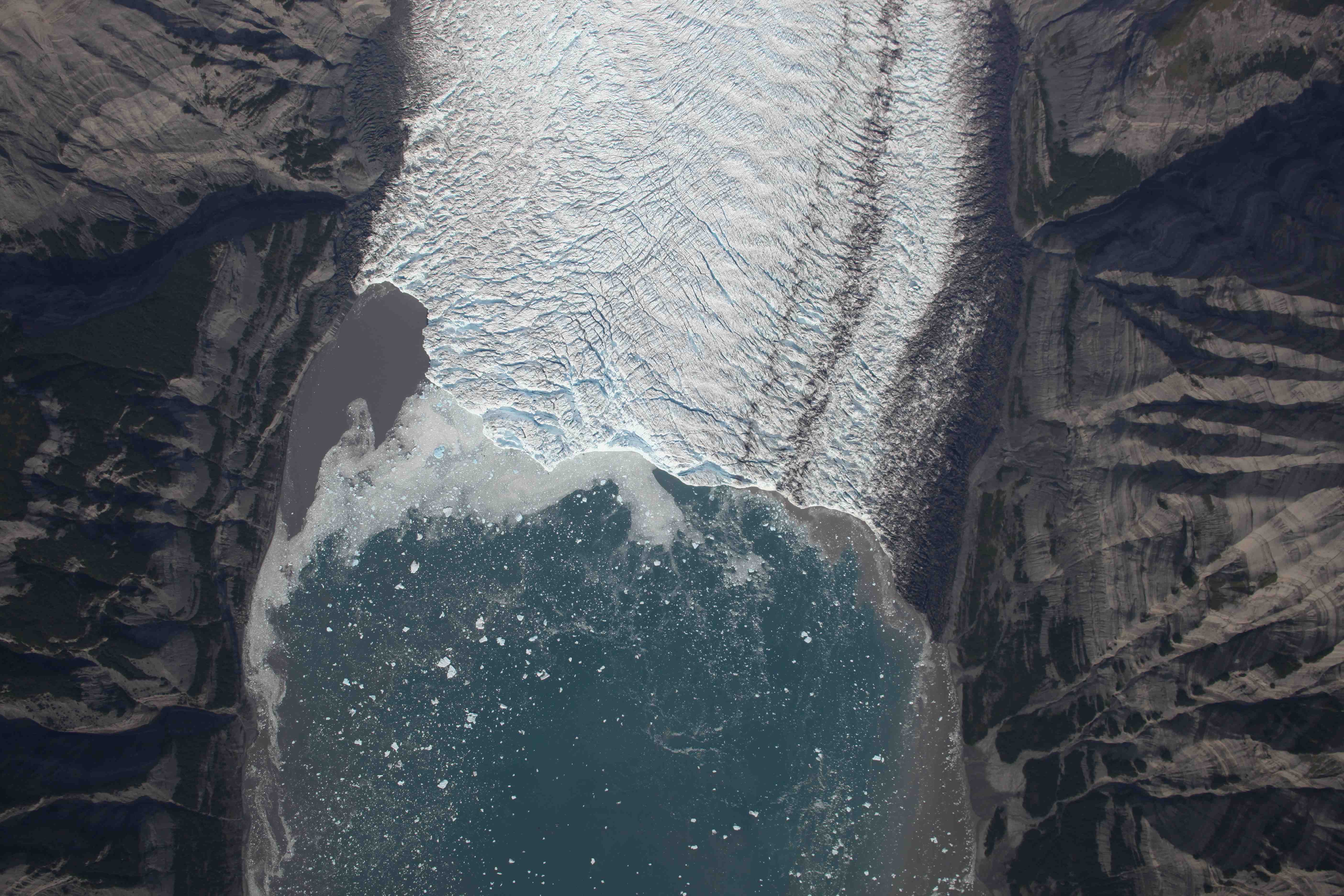 A vertical aerial view of Yahtse Glacier