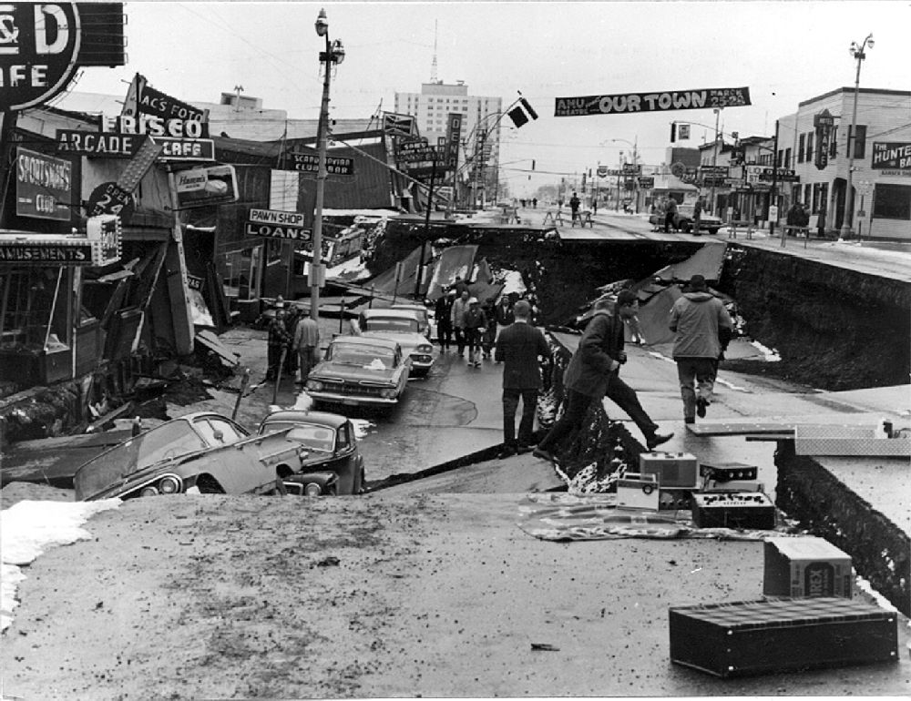 Fourth Avenue in Anchorage after a major earthquake on March 27, 1964