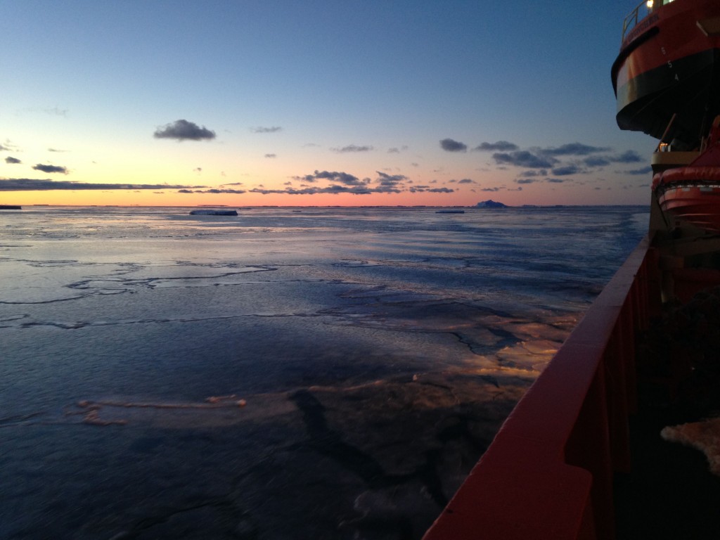 The view from the bow of the ship.