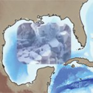 Image of hydrate crystals over image of Gulf of Mexico