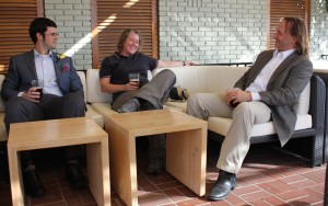 Bobby Reece (left), Gail Christeson (center), and Sean P.S. Gulick share a laugh and a beer during Reece's wedding. Gulick was Reece's academic advisor during his time at UTIG. (Photo courtesy Gail Christeson) 