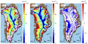 Three figures showcase the movement of Greenland's ice sheet