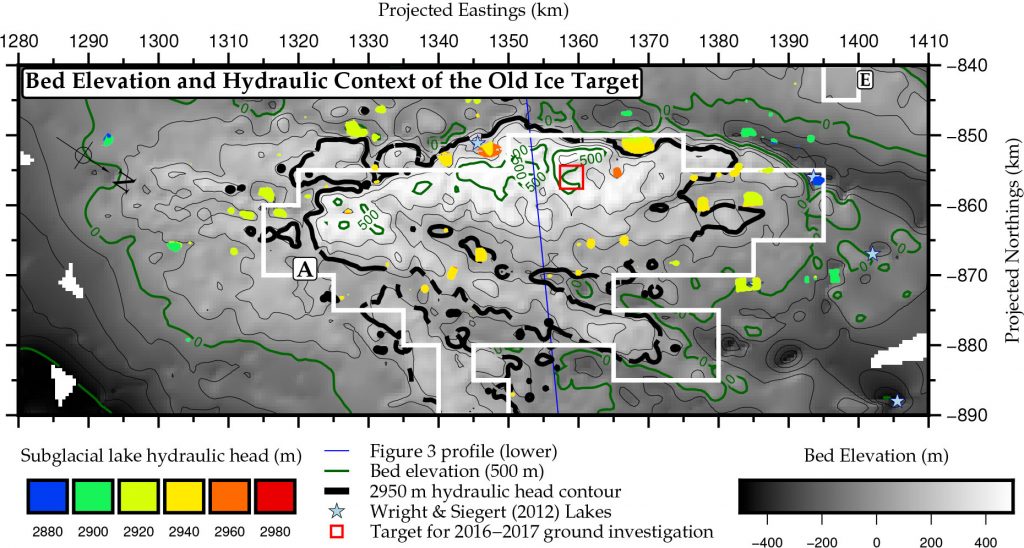 Figure of targeted site with elevation and subglacial lakes