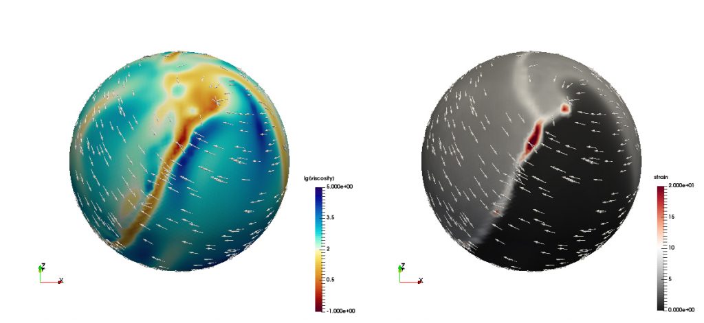 Effective viscosity (non-dimensional) and finite deformation from convection models with viscous strain weakening. Credit: Lukas Fuchs.