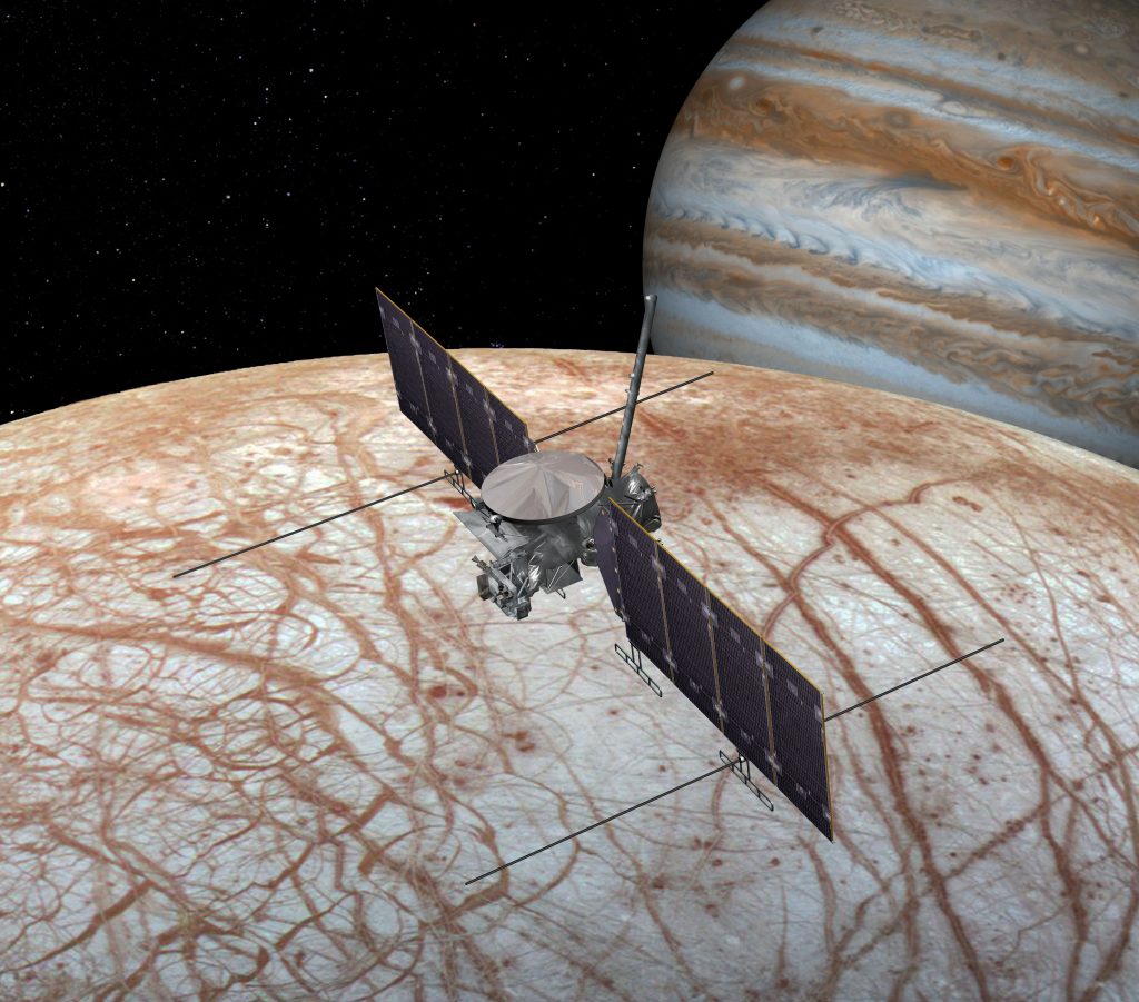 Artist impression of Europa Clipper orbiting Europa with Jupiter rising on the horizon