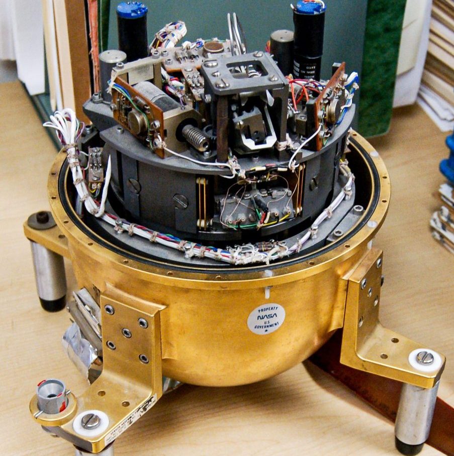 Close up of the seismometor showing it's electric interior parts.