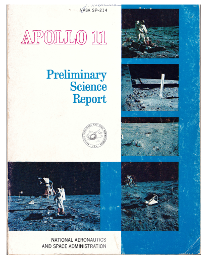 Photo of book cover. Reads: Apollo 11 Preliminary Science Report.