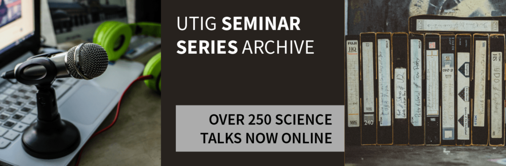 Microphone, laptop, and VHS tapes overlaid with text reading UTIG Seminar Series Archive: Over 250 Science Talks Now Online