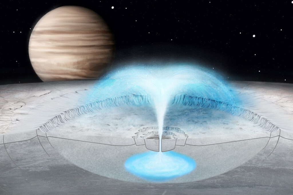 illustration of a plume erupting on the surface of Europa, with Jupiter on the horizon.