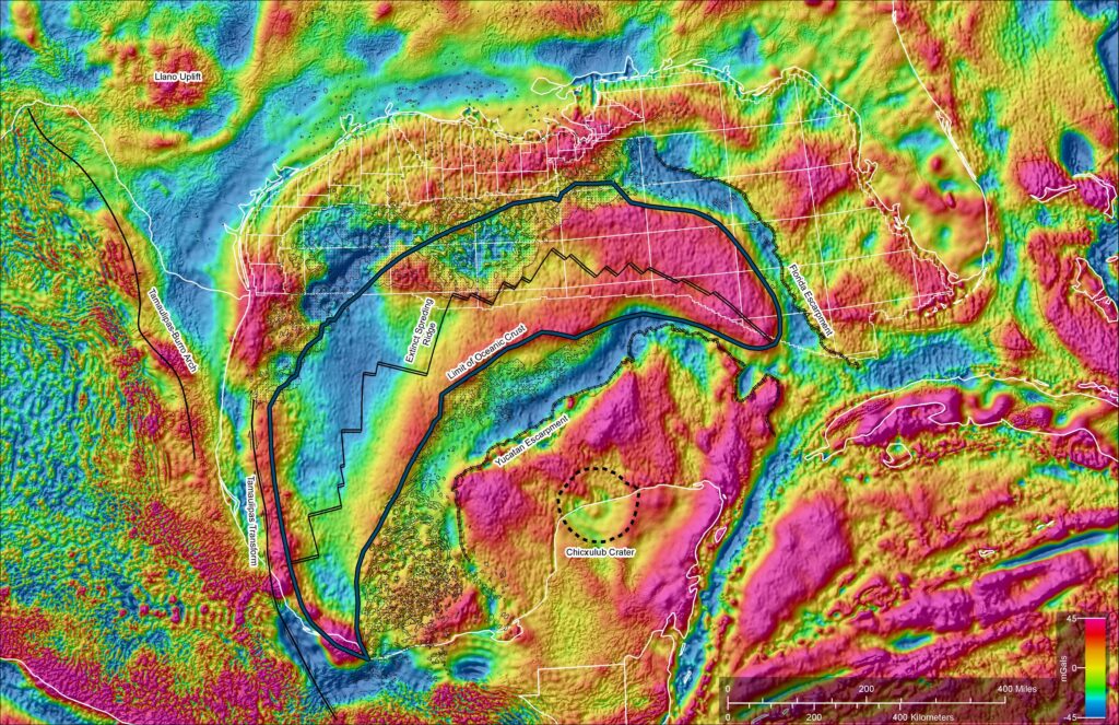 The colors of the gravity map show the location of regions with heavier and lighter rocks.