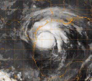 Infrared satellite image of Hurricane Harvey approaching the Texas coast