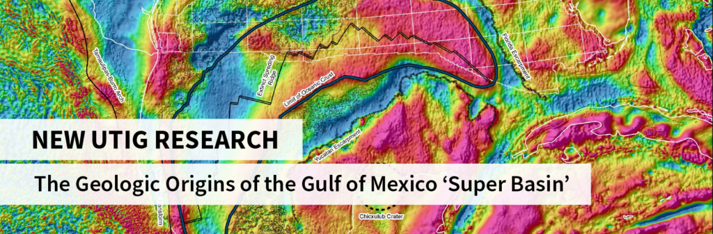 Gravity map overlaid by text reading New UTIG Research: The Geologic Origins of the Gulf of Mexico 'Super Basin'