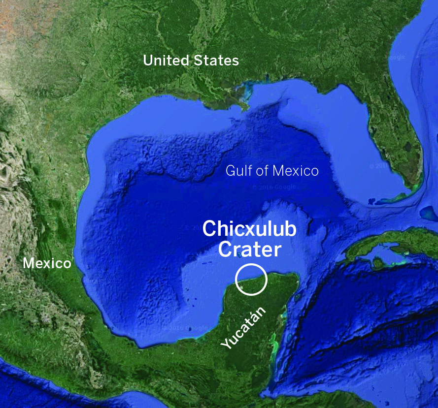 Map showing location of the Chicxulub crater in the Gulf of Mexico