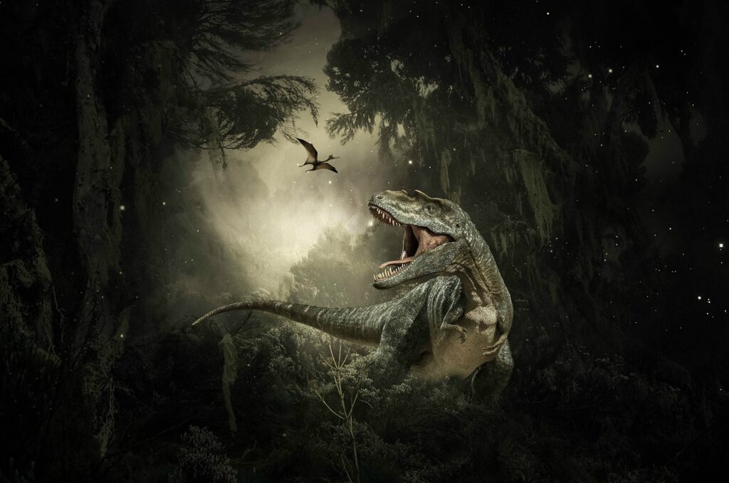 Illustration showing dinosaurs roaming a smoke shrouded forest.