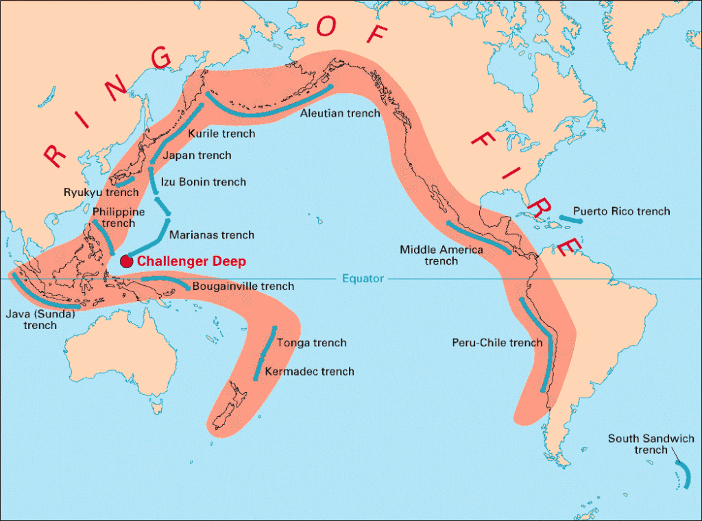 A map of the Pacific showing the so called ring of fire.