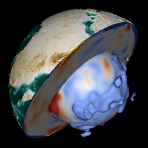 Cutaway of the Earth with arrows indicating northward moving mantle convection along the path of the Nile (from Ethiopia to Egypt).