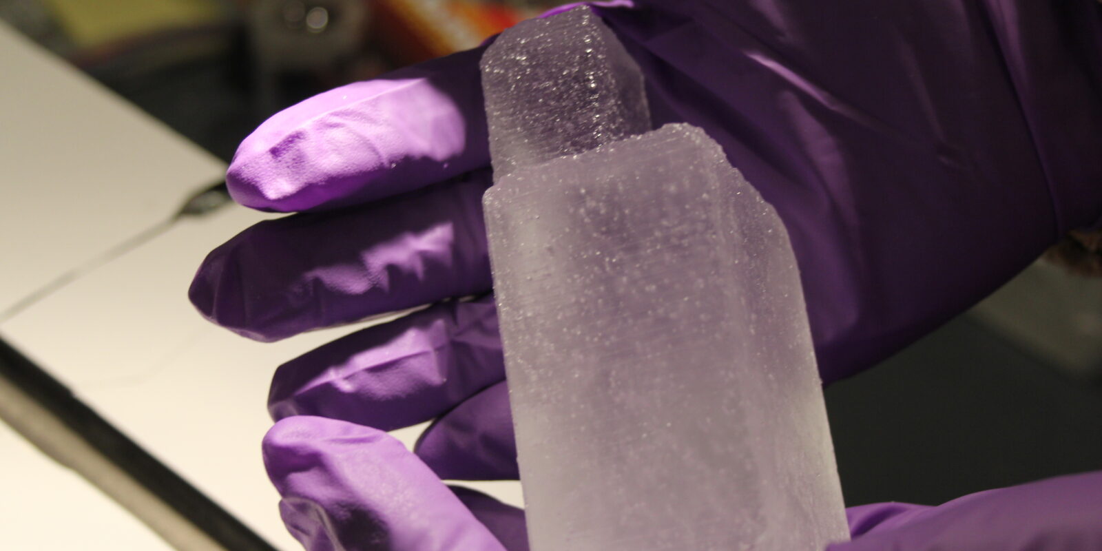 Gloved hands holding a chunk of ice