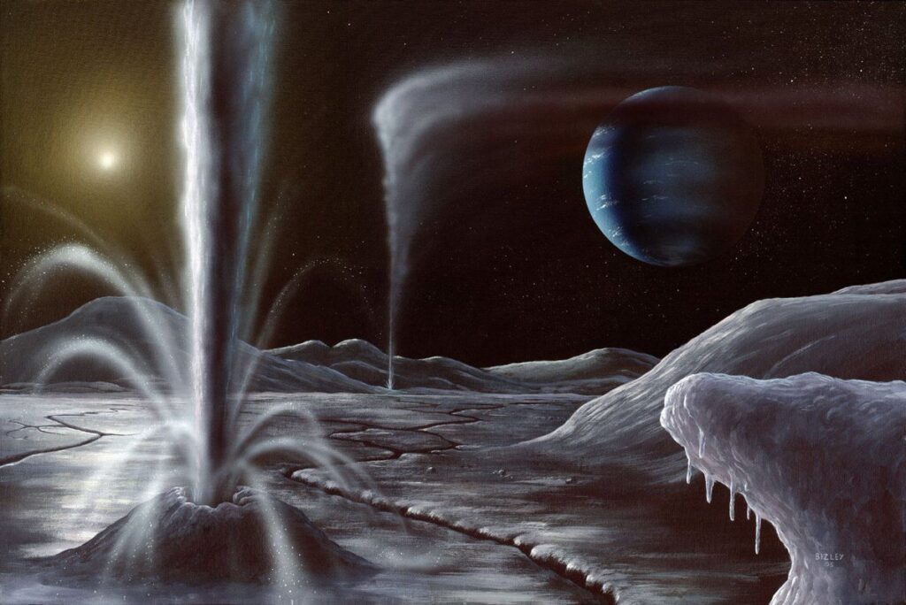 Cryovolcano erupting on an icy world, Neptune and a small distant Sun are in the black sky