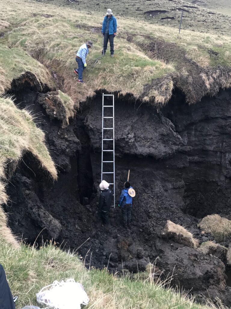 View looking down a large sinkhole in a field. Scientists are scaling a ladder into its depths.