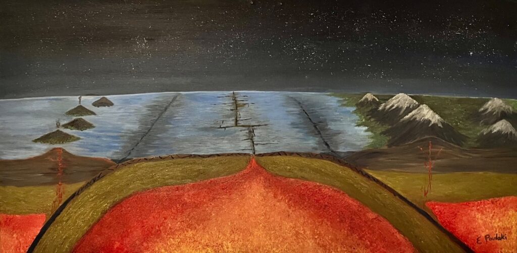 Painting of Earth's crust with two plates subducting into the Earth. Above each subduction zone are volcanoes and mountains.