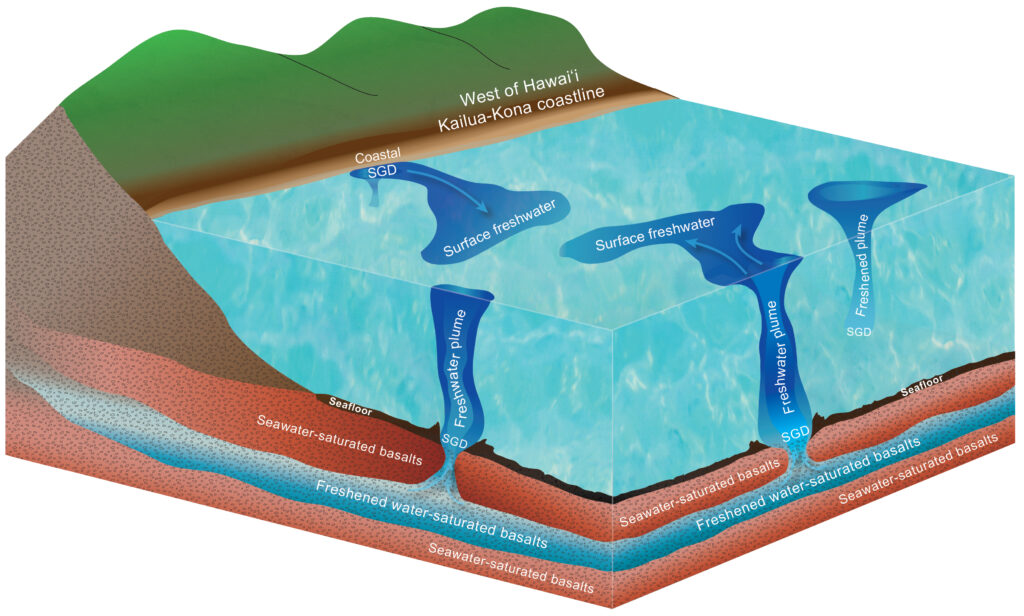 Cutaway illustration of a part of Hawaii's coast and underlying groundwater sources