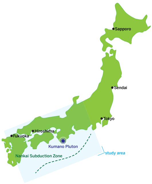 Simple Japan map. A shaded blue rectangle covers just under half in the lower left portion. The Nankai subduction zone is marked an east-west line to the south of Japan. The Kumano Pluton is marked midway along the southern coast just north of the subduction zone.