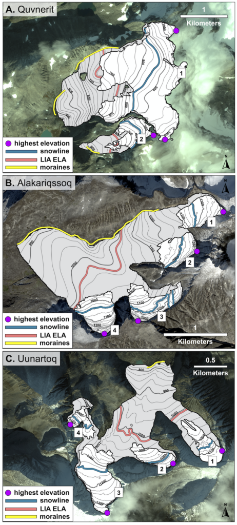 satellite maps of glaciers with overlay