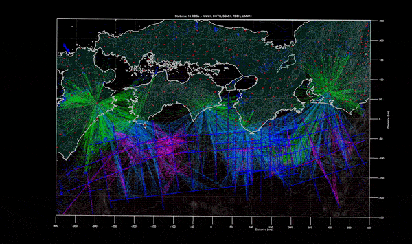 A wire map of southern Japan showing masses of colored lines connecting seismic events scattered across the map with a handful of sensors.
