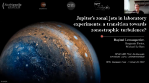 Screenshot showing Daphné Lemasquerier during her talk. The slide is a picture of Jupiter
