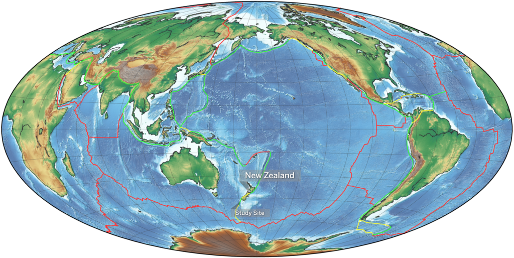Stretched globe atlas with New Zealand and study site marked. Tectonic plate boundaries are also marked