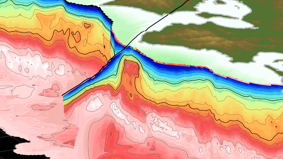 A model cutaway of the Earth beneath souther Japan. A red bulge protrudes from lower red layers almost to the surface.