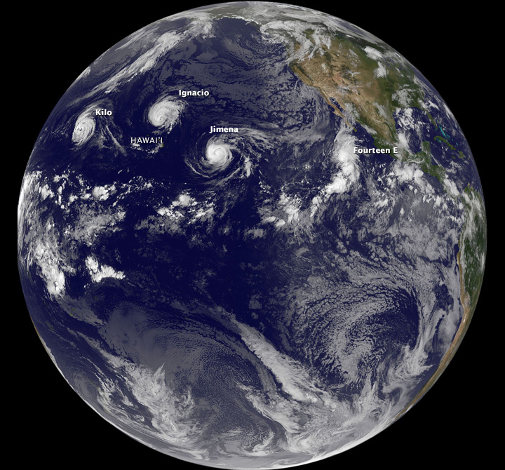 The Earth from space. The east pacific ocean is centered. Four hurricanes stretch laterally across the northern hemisphere.