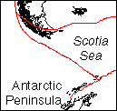 map drawing shows Antarctic peninsula at bottom, Scotia Sea, and southern tip of South America at top
