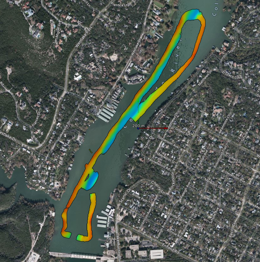Satellite map of lake austin with heatmap showing survey lines