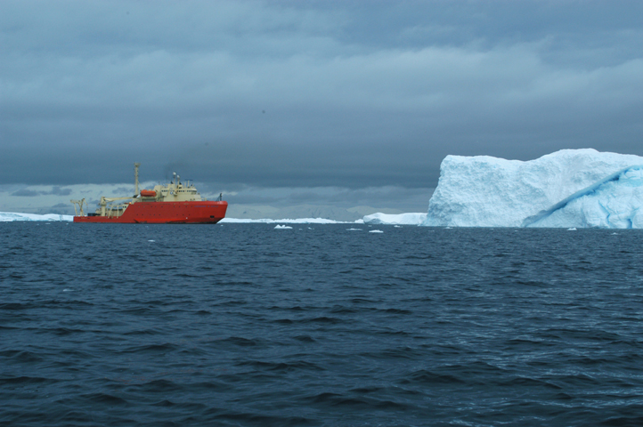 Ship sailing past glaciers