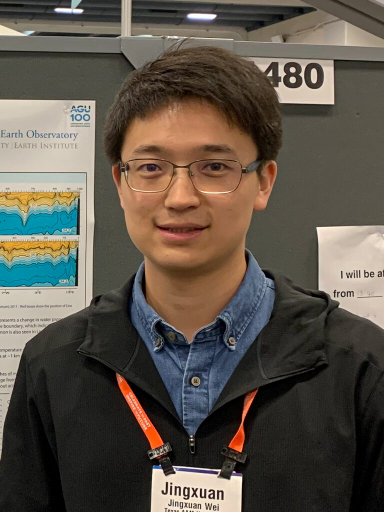 Portrait picture of Jinxuan in front of an AGU science poster