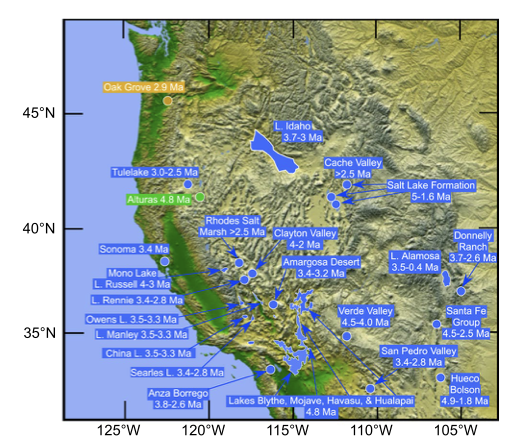 Map of Western USA showing locations of around 25 ancient lakes, mostly clustered in the southwest. Their ages are labelled, ranging from 3 to about 5 million years old.
