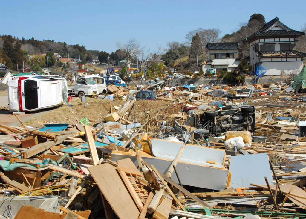 Ruined buildings and debris