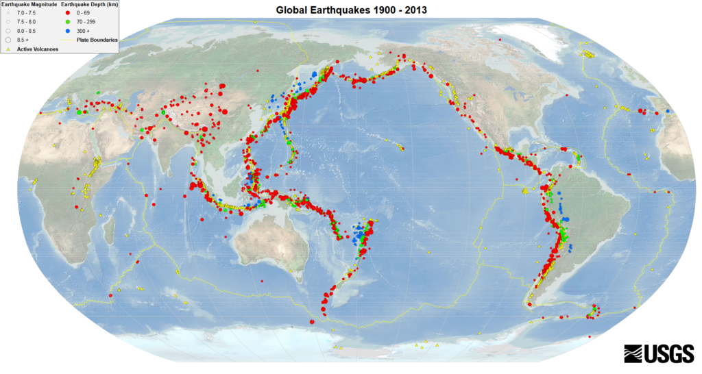 Locations of volcanoes and earthquakes trace the outline of the Pacific basin.