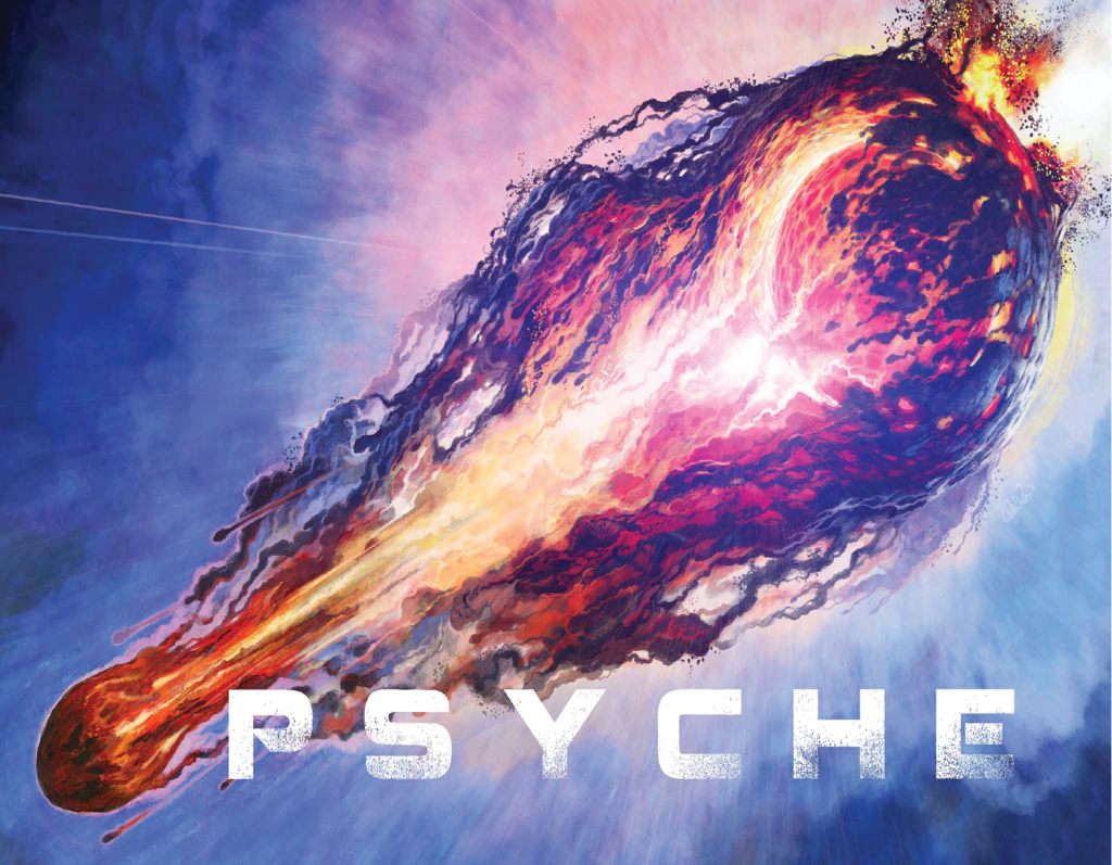 Artist rendition of a fireball in space with the words Psyche printed at the bottom.