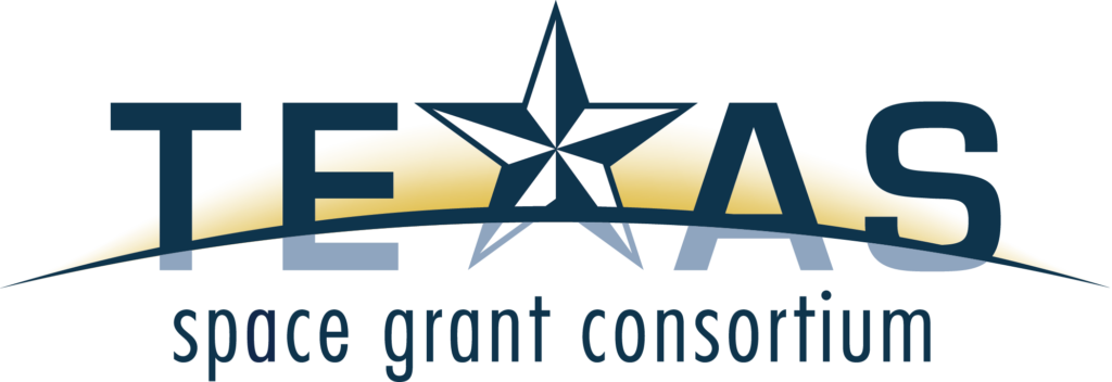 Texas Space Grant Consortium Logo. The word Texas is stylized to show a star in place of the X. The background is a curved line reminiscent of a curved horizon from low Earth orbit.