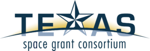 Texas Space Grant Consortium Logo. The word Texas is stylized to show a star in place of the X. The background is a curved line reminiscent of a curved horizon from low Earth orbit.