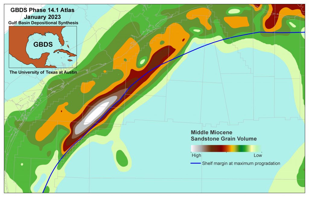 Picture of a geologic map displaying the distribution of the Middle Miocene sandstone grain volume.