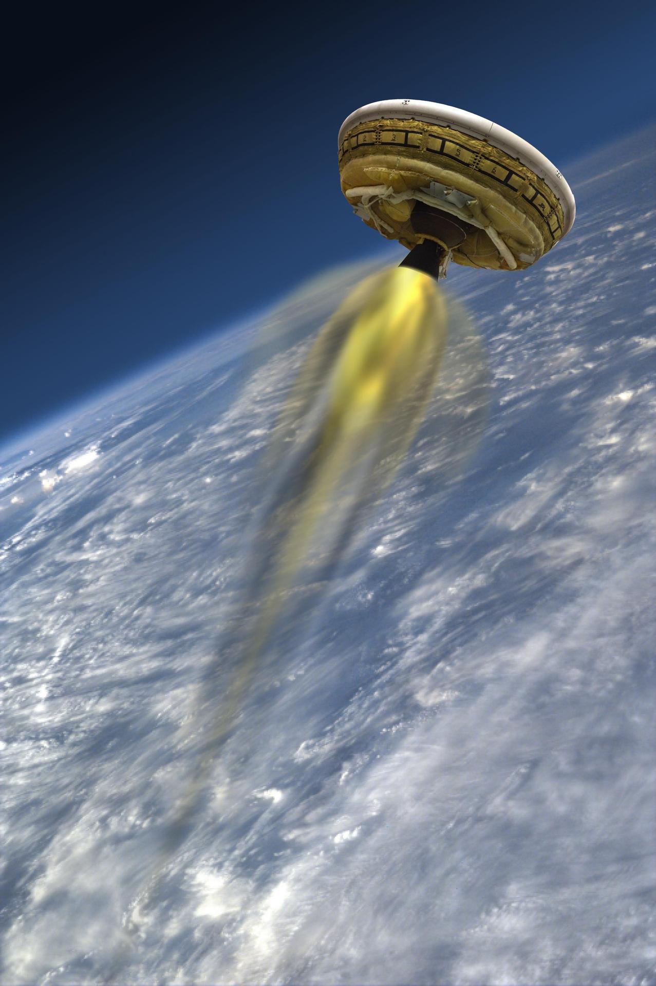 Disc shaped spacecraft reentering atmosphere firing a large central rocket