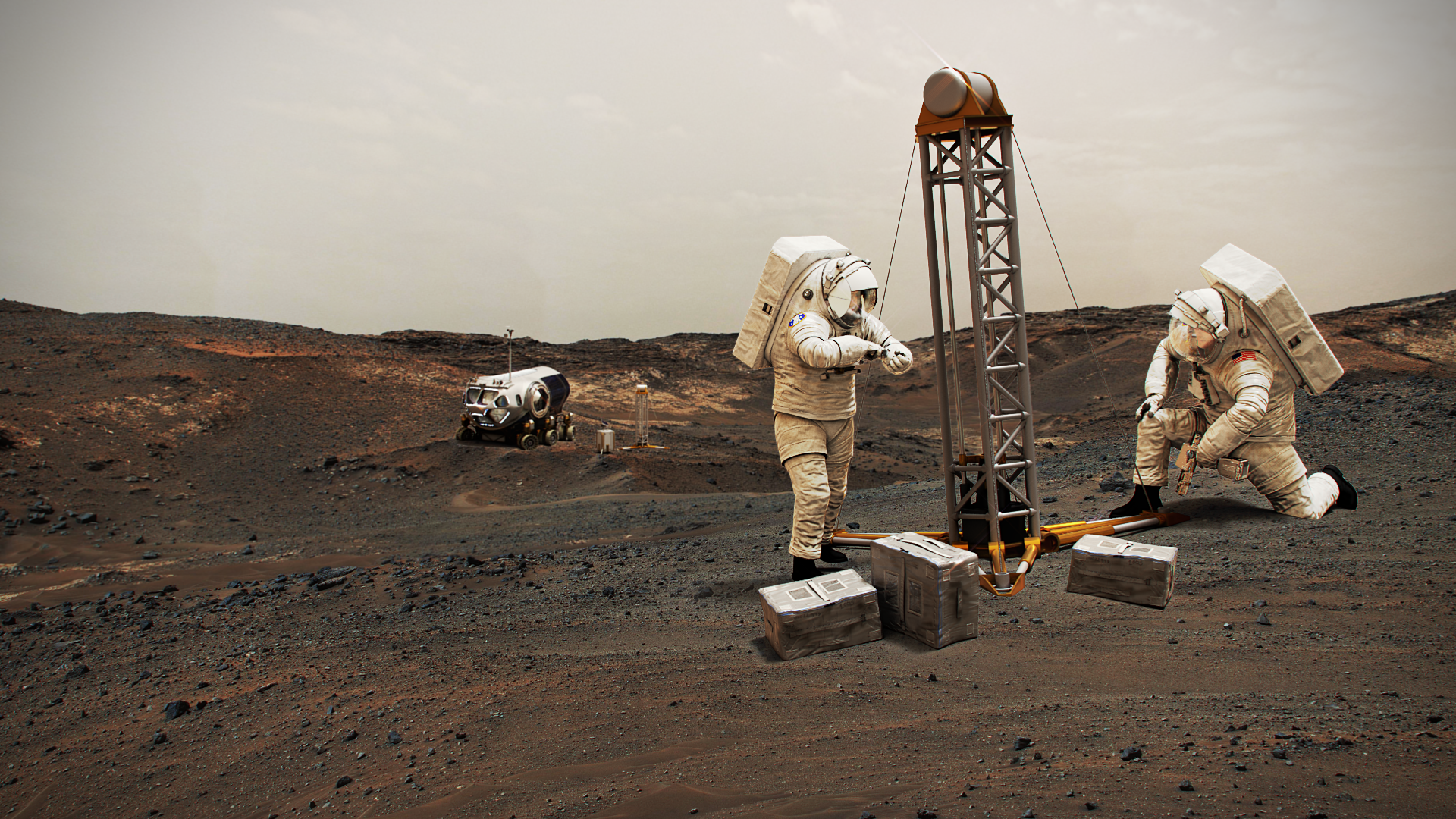 Astronauts working on a small drilling rig with a futuristic looking rover in the background, on Mars
