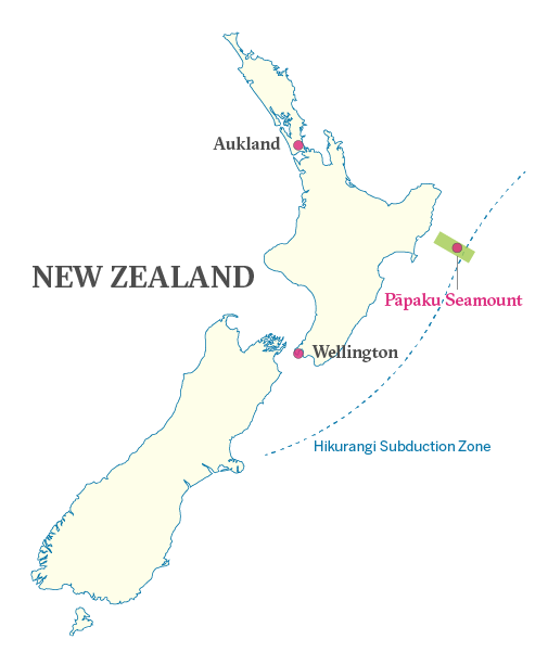 Map of New Zealand. The seamount lies not far offshore off the east coast of North Island.