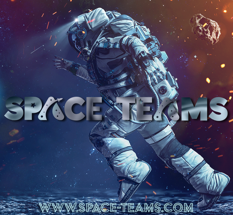 Text reads Space Teams overlain illustration of a running astronaut on a space-themed backdrop. At the bottom URL www.spaceteams.com
