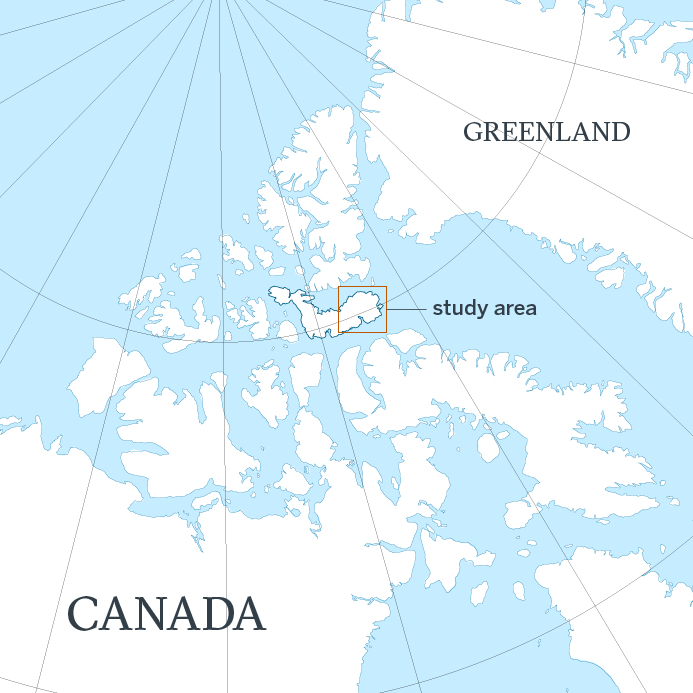 Map of the area. Devon Island lies about halfway between the Canadian mainland and Greenland, among many other islands.