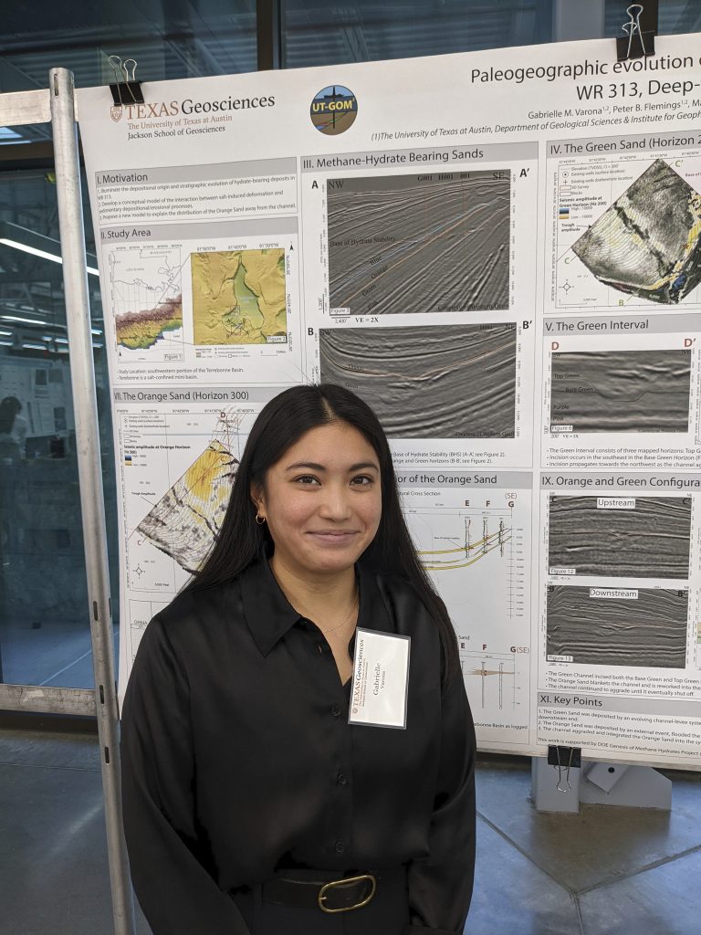 Abby Varona posing in front of her award-winning research poster, titled "Paleogeographic Evolution of the Orange and Green Sands in WR 313, Deep-water Gulf of Mexico".