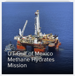 Picture is of a rig and supply shit at sea from above. Text reads: UT Gulf of Mexico Methane Hydrates Mission